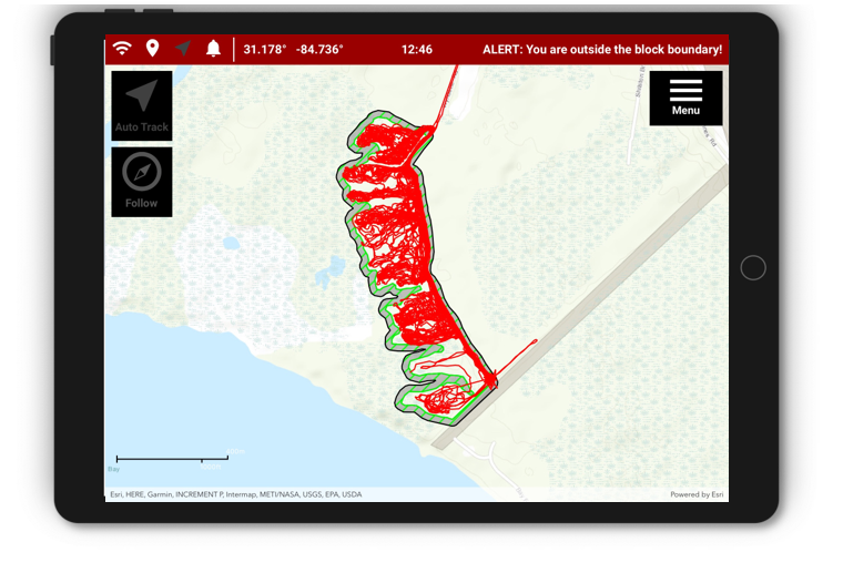 Mobile application showing boundary alerts for operator